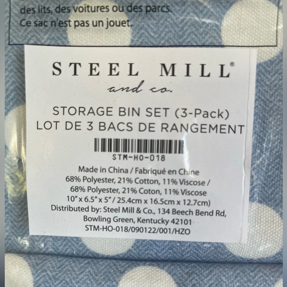 NWT STEEL MILL & CO. Storage Bin Set of 3, Blue And White Polka Dot